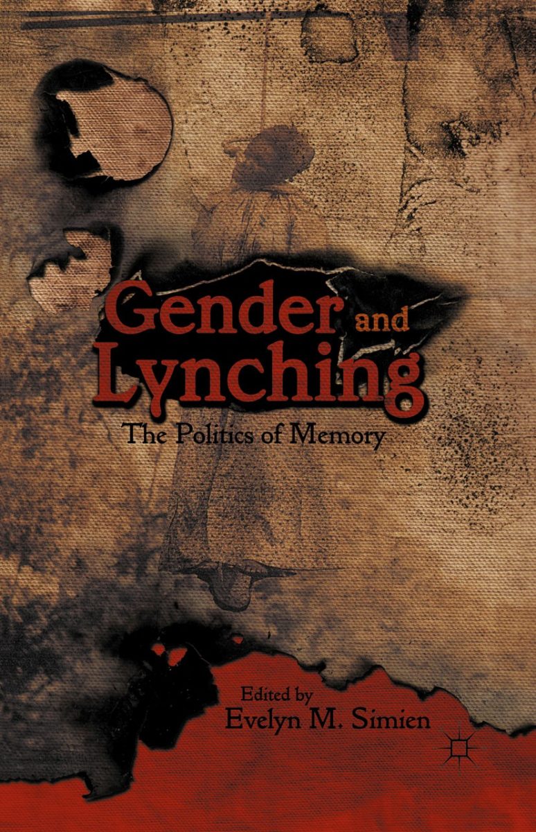 Book cover titled "gender and lynching: the politics of memory," edited by evelyn m. simien, featuring a dark, textured background with silhouette imagery.