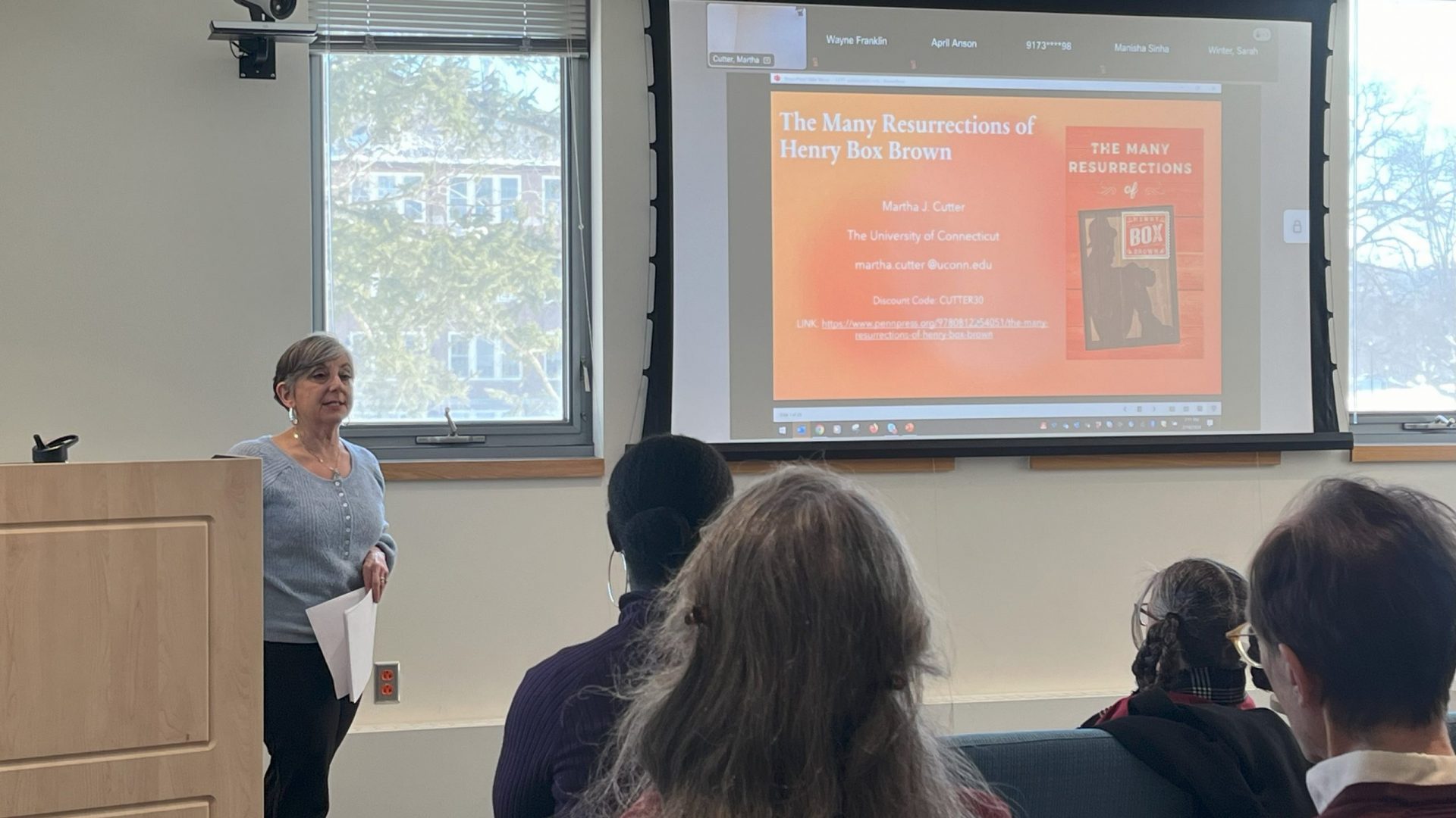 Martha Cutter speaking at the 2/14 Faculty Book Talk