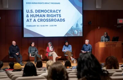 The Dodd Center for Human Rights hosts “U.S. Democracy and Human Rights at a Crossroads” in Storrs, Conn. on Feb. 18, 2025. Event panelists conversed and reflected upon democracy. Photo by Sydney Chandler/The Daily Campus.